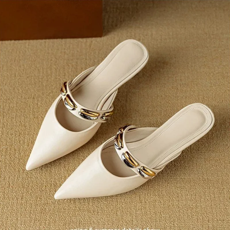 Women Summer Slingback Pumps Pointed Toe Cat Eye Heel Metal Buckle Mules Fashion Office Slides Dress Shoes