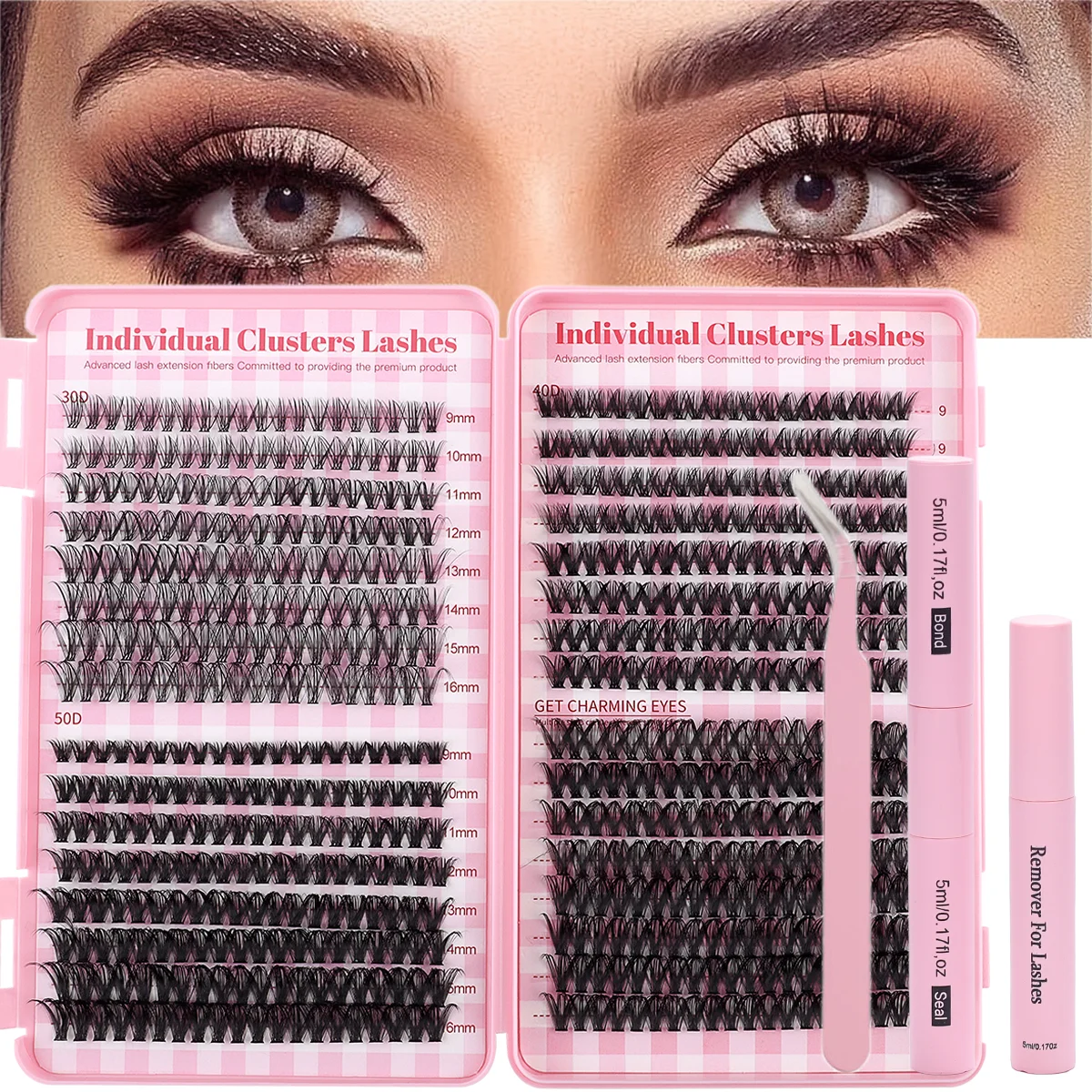 640 luxury eyelash extension kit with D-curled single eyelashes, eyelash clusters, eyelash bonding and sealing, and tweezers - a