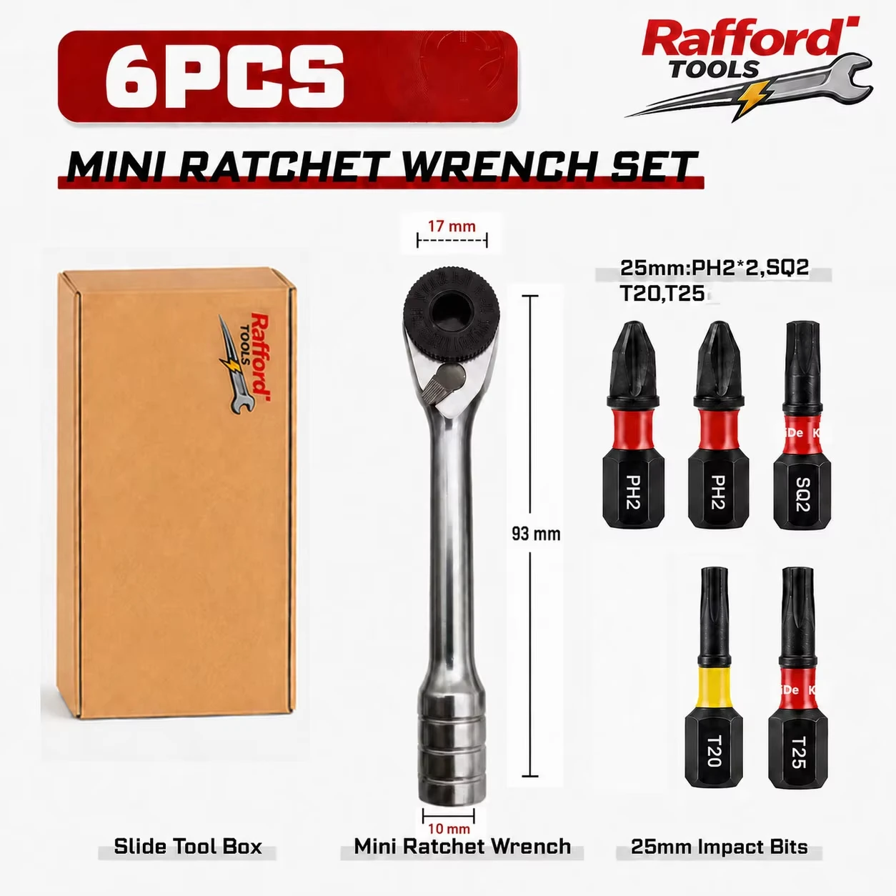 Rafford 6-teiliges Mini-Ratschenschlüssel-Schraubendreher-Bit-Set 1" S2 Schlagbits PH2 PZ2 T20 T25 SQ2 Phillips Torx Reparaturwerkzeug – Detail 5