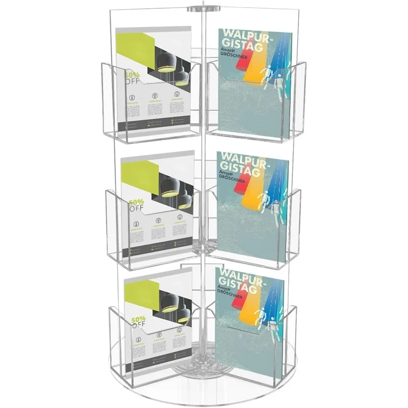 

18 карманов, акриловая столешница, вращающийся держатель для брошюр, 3-х уровневая металлическая подставка для дисплея, вращающаяся напольная подставка, прозрачный дисплей для брошюр