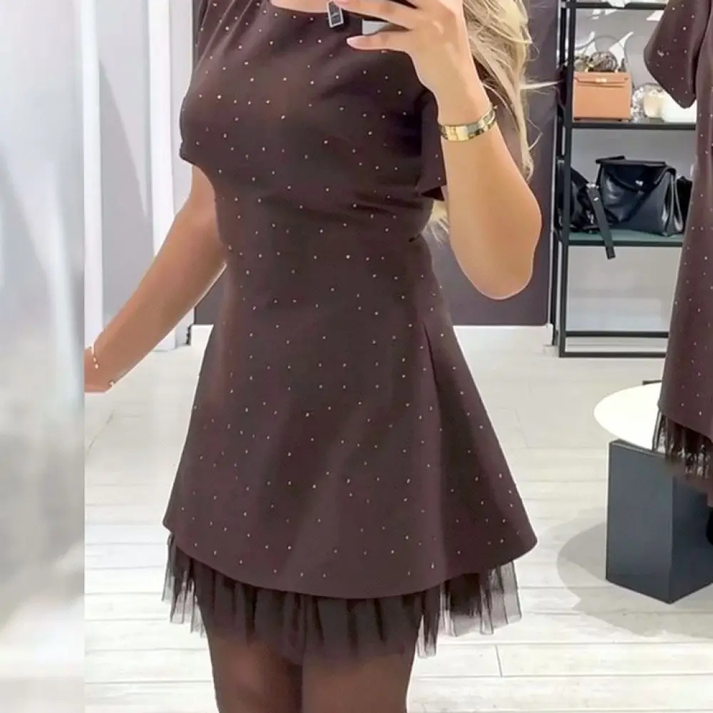 2025 Summer Womens Dress Elegant Sleeveless Square Neck Solid Color Rhinestone Mesh Pleated Slim Fit Office Casual Party Gown