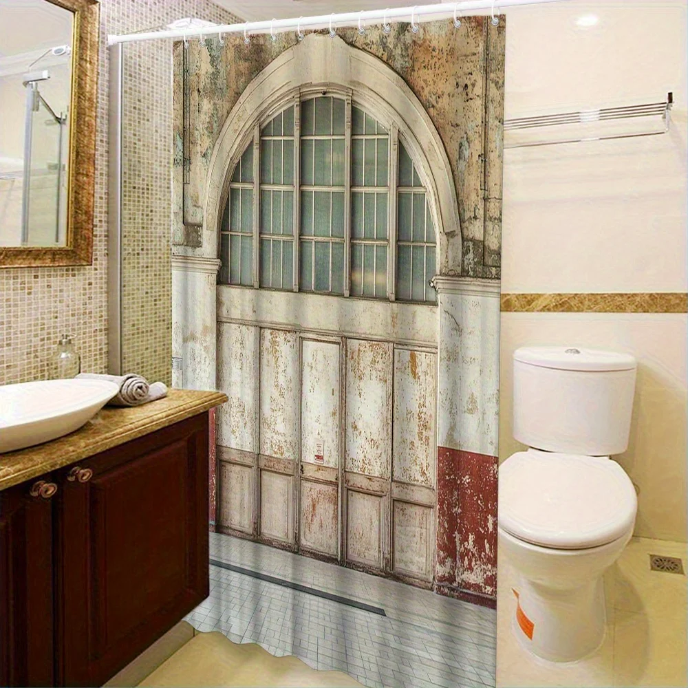 1pc Vintage Old Arch Door Curtain-Quaint Wooden Door with Faded Paint and Brick, Nostalgic Architectural Landscape, Polyester