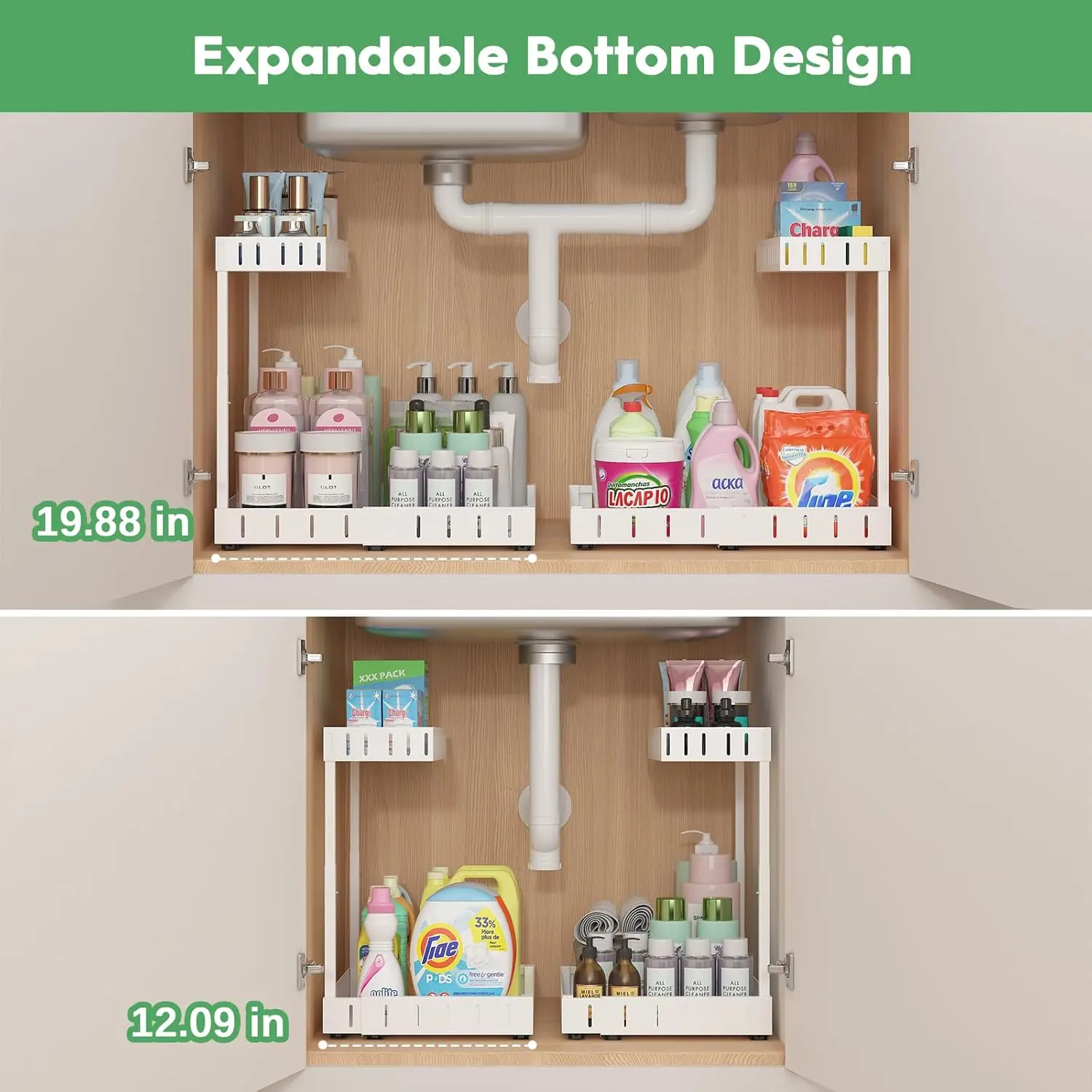 

Realinn Under Sink Organizer, 2 Tier Expandable Under Cabinet Organizer, Heights Adjustable Pull Out Storage For Kitchen