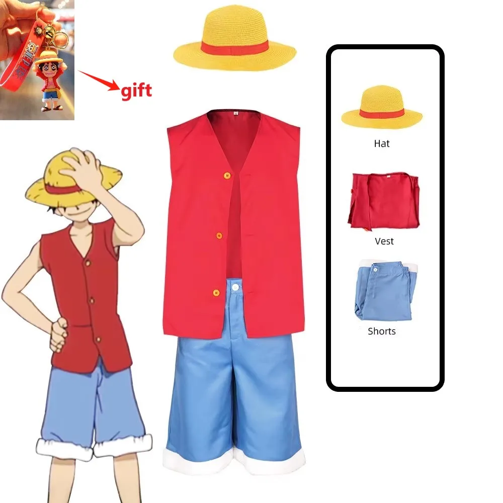 Kids Adult Luffy Cosplay Anime One Cos Piece Disguise Costume Coat Pants Hat Men Boys Beach Clothing Halloween Party Suit