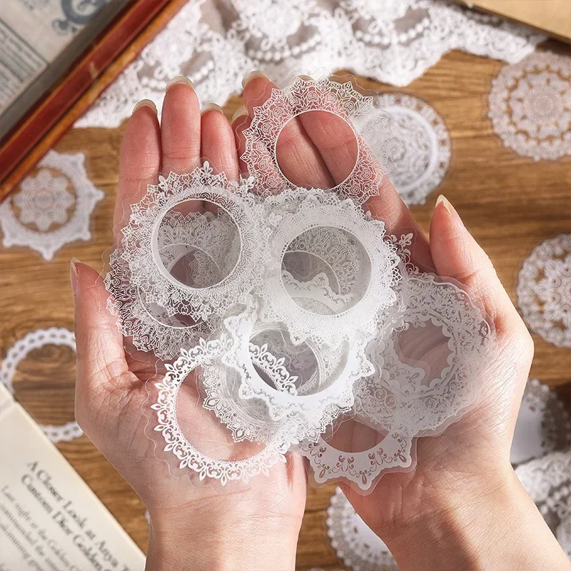 30 pz/borsa White Lace Pattern adesivi trasparenti per animali domestici Vintage Clear DIY Journaling Album Scrapbooking Collage Material