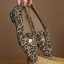 Women's leopard natural suede leather slip-on flats loafers metal buckle decoration casual female four season daily shoes woman