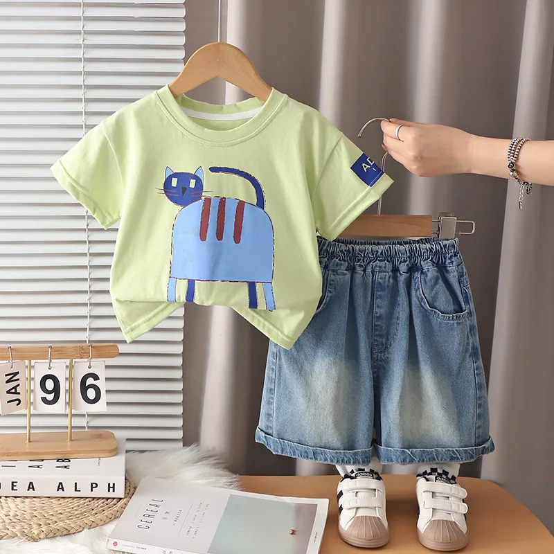 Baby Boys and Girls Suit Children's Clothing 2026 Summer Cartoon Cat Short Sleeve T-shirts Tops and Denim Shorts Two Piece Set