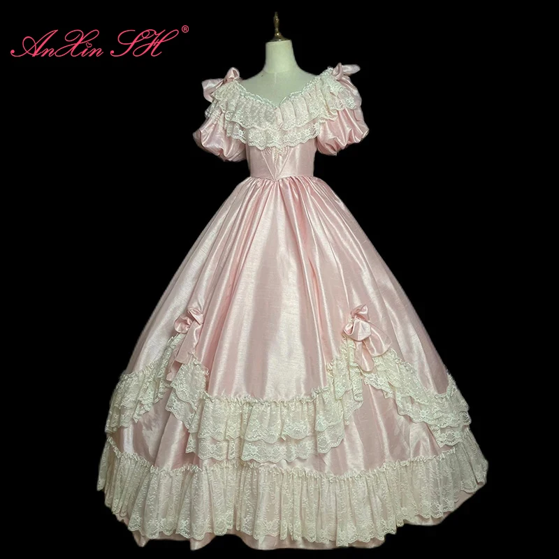 AnXin SH princesa vintage rosa blanco flor encaje cuello barco manga abullonada rebordear perla arco encaje hasta vestido de novia personalizado