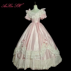 AnXin SH princess vintage pink white flower lace boat neck puff sleeve beading pearl bow lace up customized wedding dress