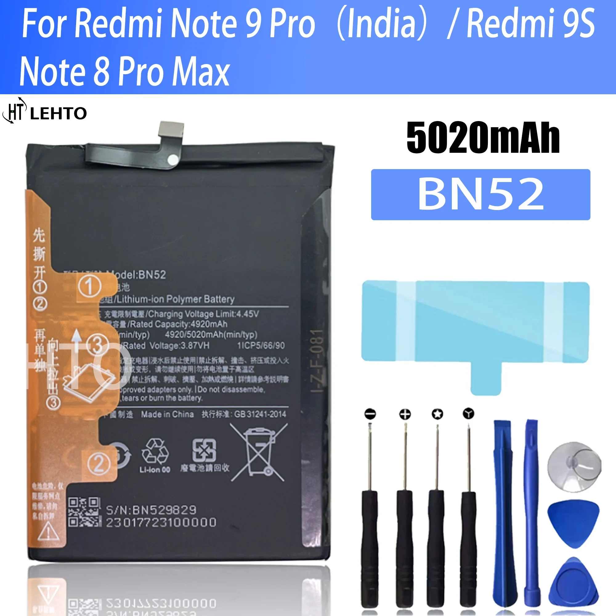 

100% New high capacity BN52 Battery For Xiaomi Redmi Note 9 Pro India / Redmi 9S Note 8 Pro Max Phone Replacement Bateria