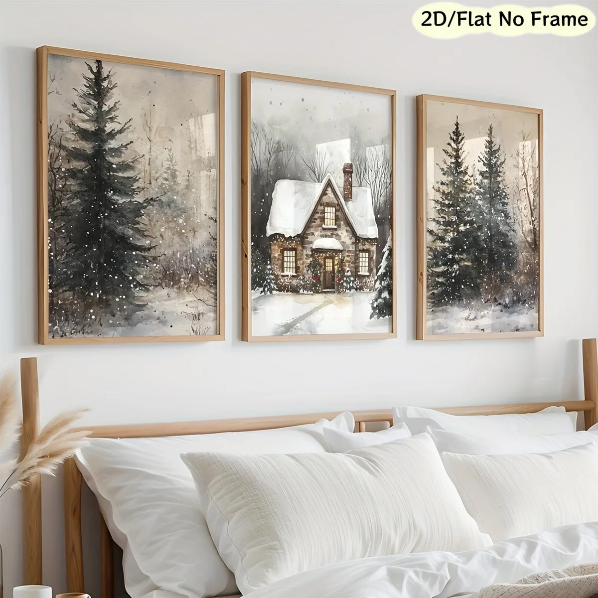 3Pcs Winter Snow Cottage Pine Canvas Poster Wall Art,2D Print Wall Decor,Festival Home Decoration For Living Room Bedroom