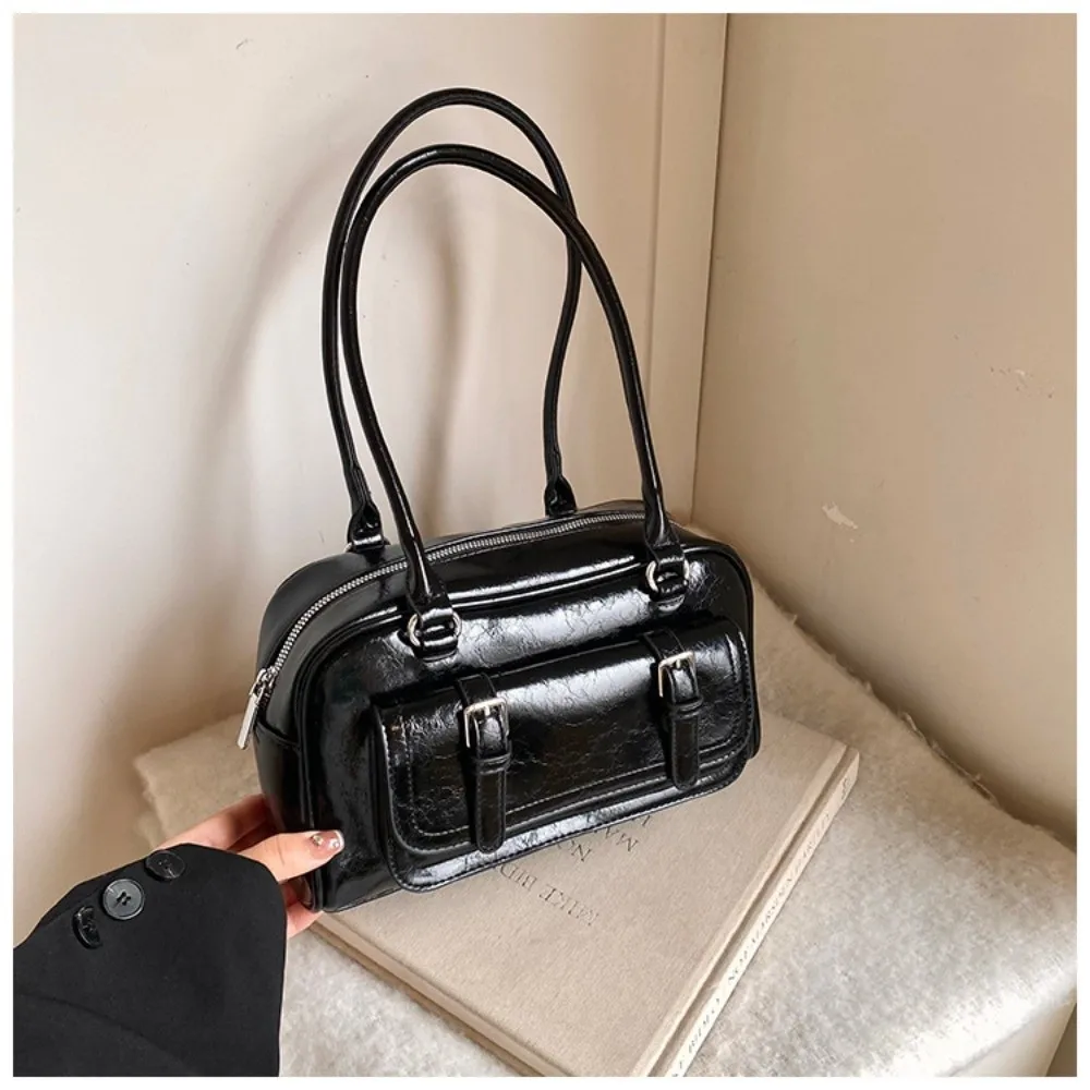

Casual Korean Style PU Bowling Bag Handbag Minority Design Pocket Boston Tote Bag Solid Color French Style Underarm Bag Travel