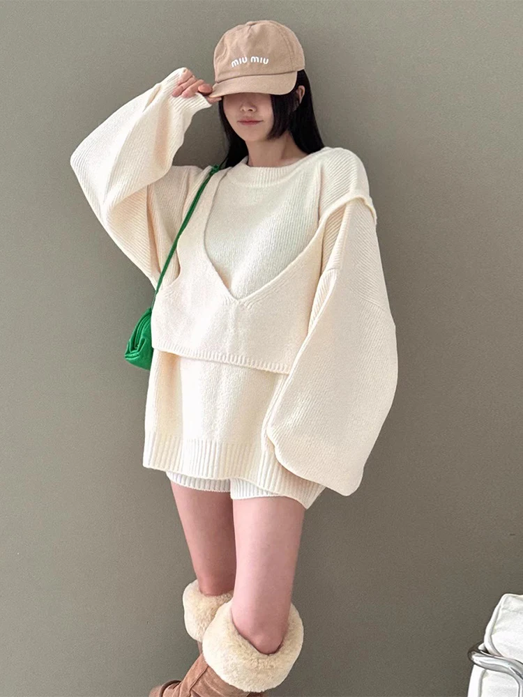 Clothland Donna Dolce Maglia Maglione Abito Manica Lunga Due Pezzi Set Con Camis Chic Mini Abiti Allentati Vestido QE249