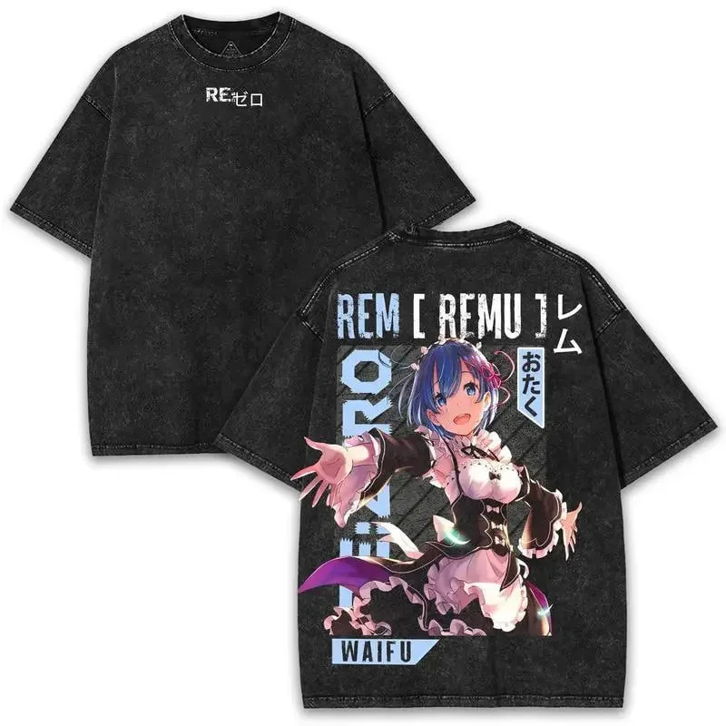 Hot ReLife in A Different World From Zero Rem Graphic Print T-shirt Men Women Summer New Tee Vintage Washed Cotton Oversized Top
