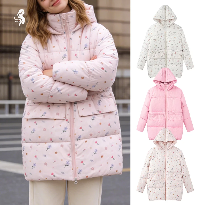 

Womens Floral Cotton Jacket With Stand Collar Zipper And Hooded Quilting Autumn And Winter Daily Warm Coat Women Winter Coats