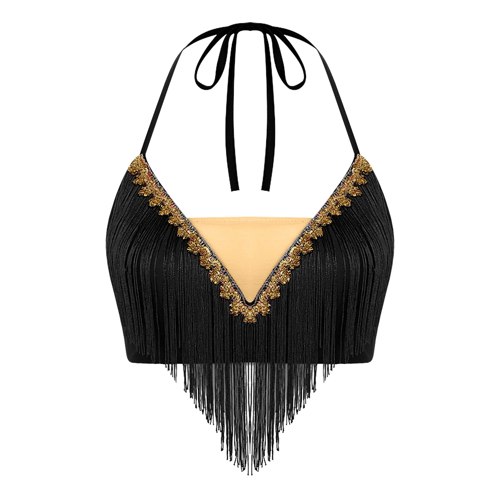 Top Corto da Donna per Danza del Ventre Indiana e Latina, con Lacci, Halter, Frange e Nappe, Canotta da Ballo per Abbigliamento da Palcoscenico