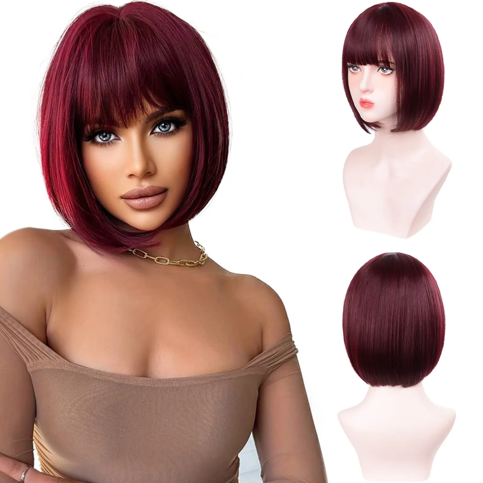 Hot-selling red short bob-style synthetic wig for Halloween cosplay, role-playing, daily use, high-temperature silk wig cap