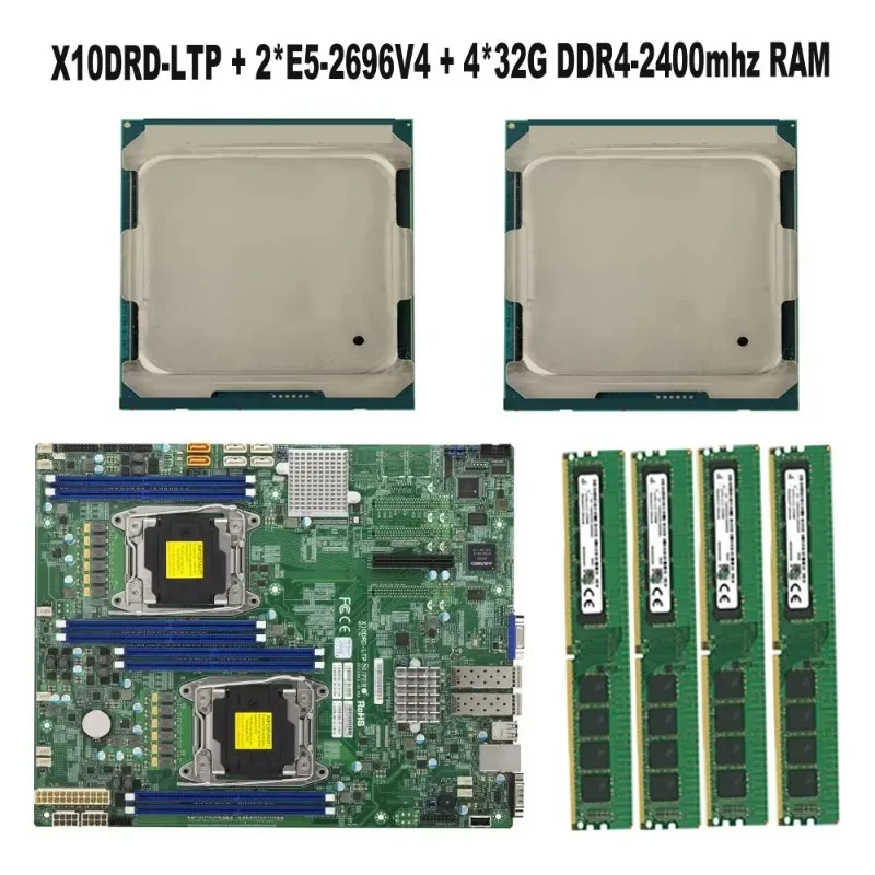 For Supermicro X10DRD-LTP Motherboard LGA2011-3  / 2* E5-2699V4 22C/44T 145W CPU Processor  / 4*32GB = 128GB RAM DDR4-2400mhz Me