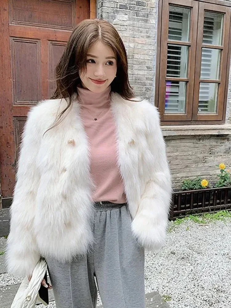 Witte Dikke Faux Fox Jas Vrouwen Zoete Lange Mouw Chique Elegante Jas Koreaanse Casual Faux Fur Vrouwelijke V-hals Winter Warm Uitloper