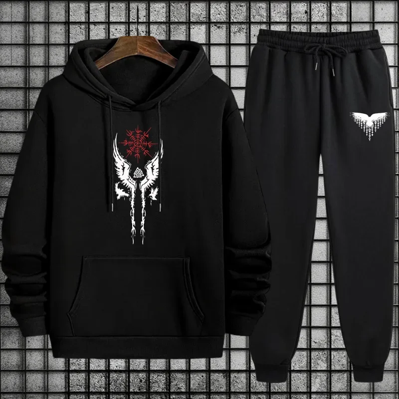 Mens Premium Quality Tracksuit Ancient Raven Print Hoodie and Jogger Pants Set for Street Style Fashion Autumn Casual Sportswear