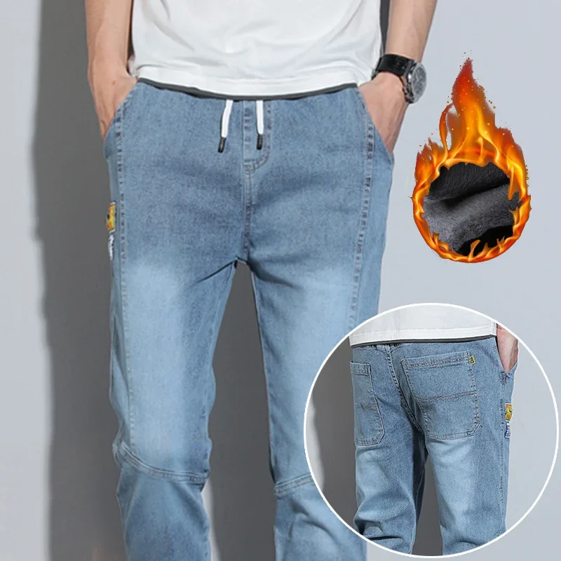 Men Popular Streetwear Warm Plush Denim Pants Male Chic Logo Design Winter Thermal Jeans Retro Cool Style Elastic Waist Trousers