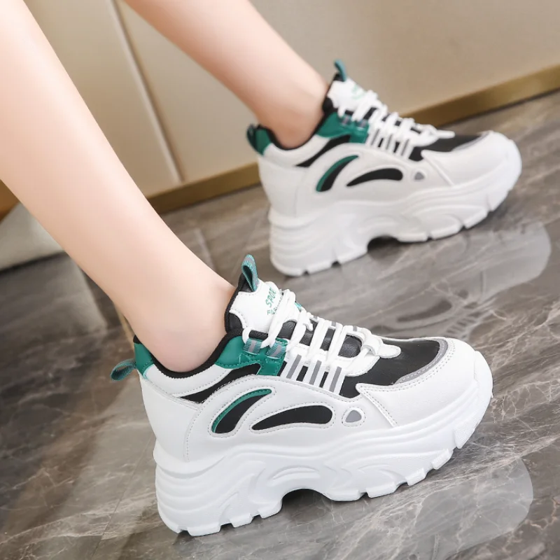 Mix Color Women's Chunky Platform Sneakers 2024 Spring Breathable Vulcanize Shoes Female Lace-Up Thick Sole Walking Shoes Woman