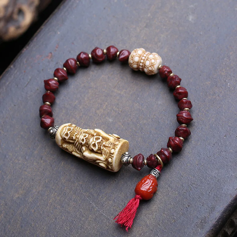 Tibetan-Style Passion Seed Bodhi Bracelet, Single-Loop, Made From Recycled Old Materials, With Red Pixiu And Deer Antler Root Be