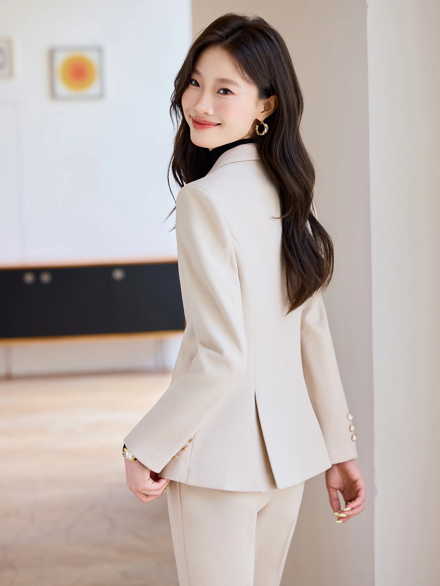 Elegant Beige Women's Suit Jacket 2026 New Fashion Spring Autumn Jewelry Store Professional Interview Outfit Set Polyester Fiber