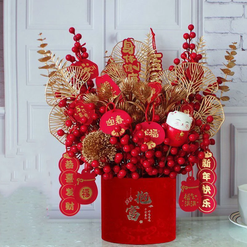 

Cloth Paper Futong Vase Red Lucky Fruit Simulation Flower Set New Year Wedding Opening Decoration Home Livingroom Ornaments Art