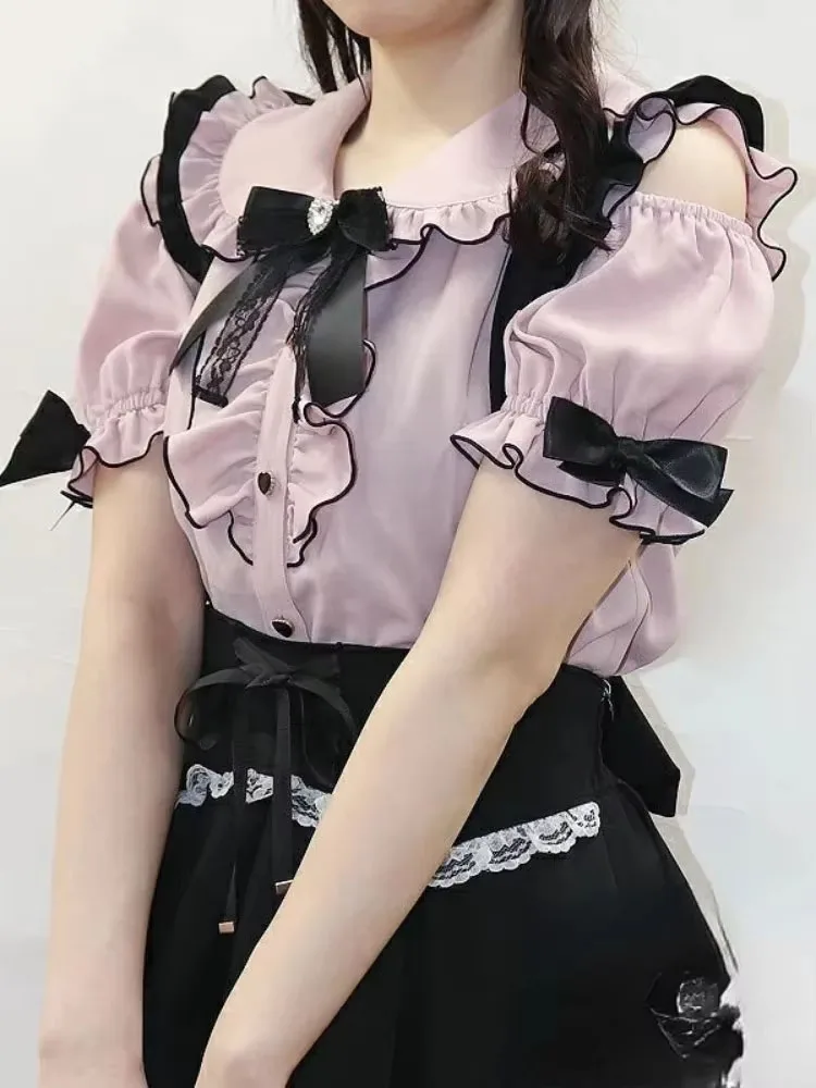 Sweet Lolita Fashion All Match Blouses Women Japanese Summer Y2k Aesthetic Ruffled Bow Shirts Girly Kawaii Patchwork Tops Blusas