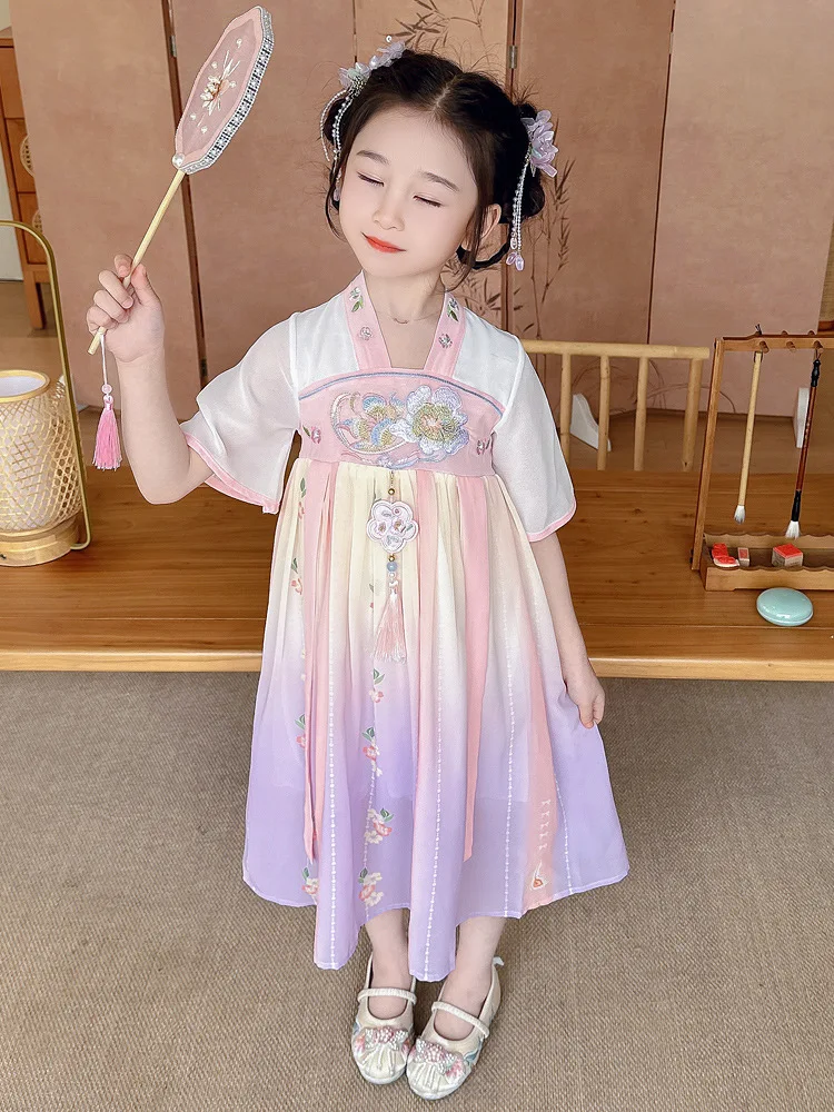 Vestido Hanfu Estilo Princesa para Meninas, Saia de Conto de Fadas de Verão, Ultra Feérico, Tamanho Infantil, Robe de Chiffon...