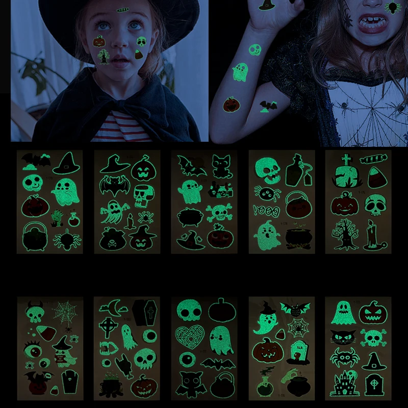 

10pcs/set Halloween Luminous Tattoo Sticker Ghost Face Pumpkin Skull Temporary Stickers Kids Halloween Decor Glow In The Dark