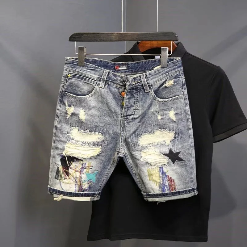 Summer Men\'s Fashion Scraped Patch Beggar Denim Shorts Hip Hop Washable Jeans Shorts Casual Middle Pants