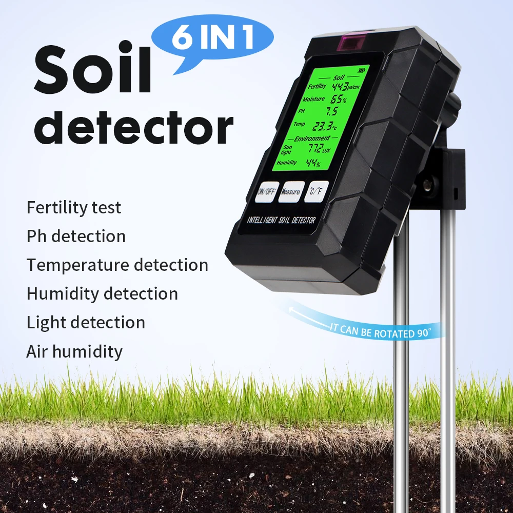 6 in 1 Soil Detector Soil Tester pH Temperature Humidity Sunlight Air Moisture Nutrient Fertility Meter Gardening Tool