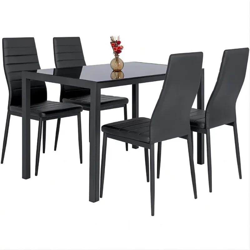 5 Pieces Dining Room Set Tempered Glass Dining Table with 4 Chairs, Black dining room chairs  table set furniture