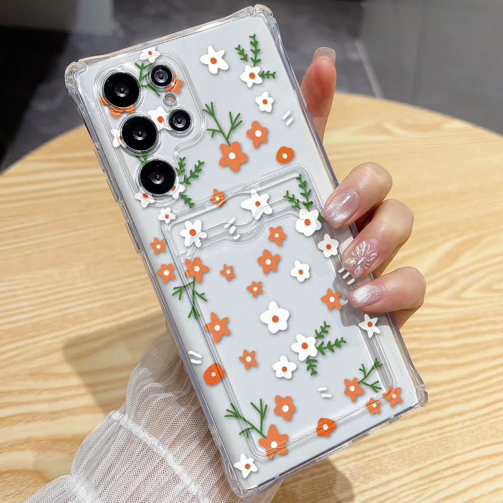 삼성 갤럭시 S25 울트라 S24 FE S23 플러스 S22 A06 A05s A05 실리콘 소프트 충격 방지 꽃 Funda 커버에 대한 카드 홀더 전화 케이스
