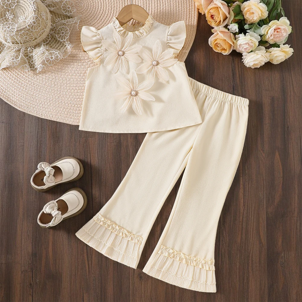 Girls' summer two-piece sweet and casual set: three-dimensional floral small flying sleeve top + flare pants