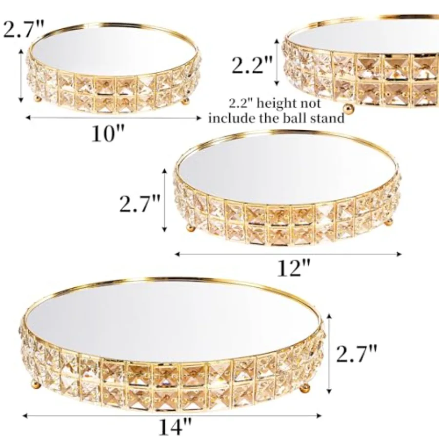 Wedding party dessert display: gold metal pedestal stands 14/12/10 with mirrored bases and crystal beads, elegant shiny finish