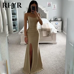 RFYR Champagne Scoop Mermaid Evening Dresses Spaghetti Strap Pleats Prom Dress Floor Length Side High Split Party Dress 프롬드레스