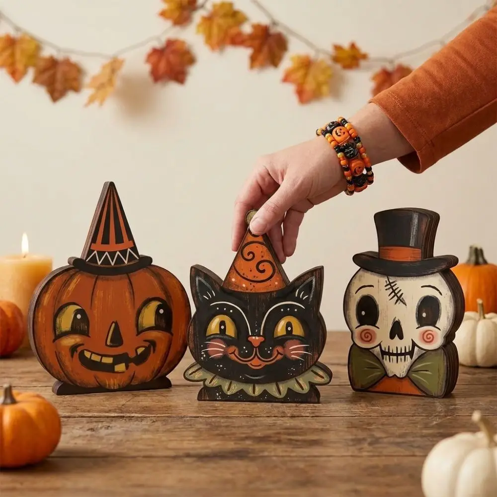 Cartoon Halloween Wooden Tabletop Sign Farmhouse Style Hand Painted Ghost Pumpkin Owl Ornaments Integrated Double Sided Pattern
