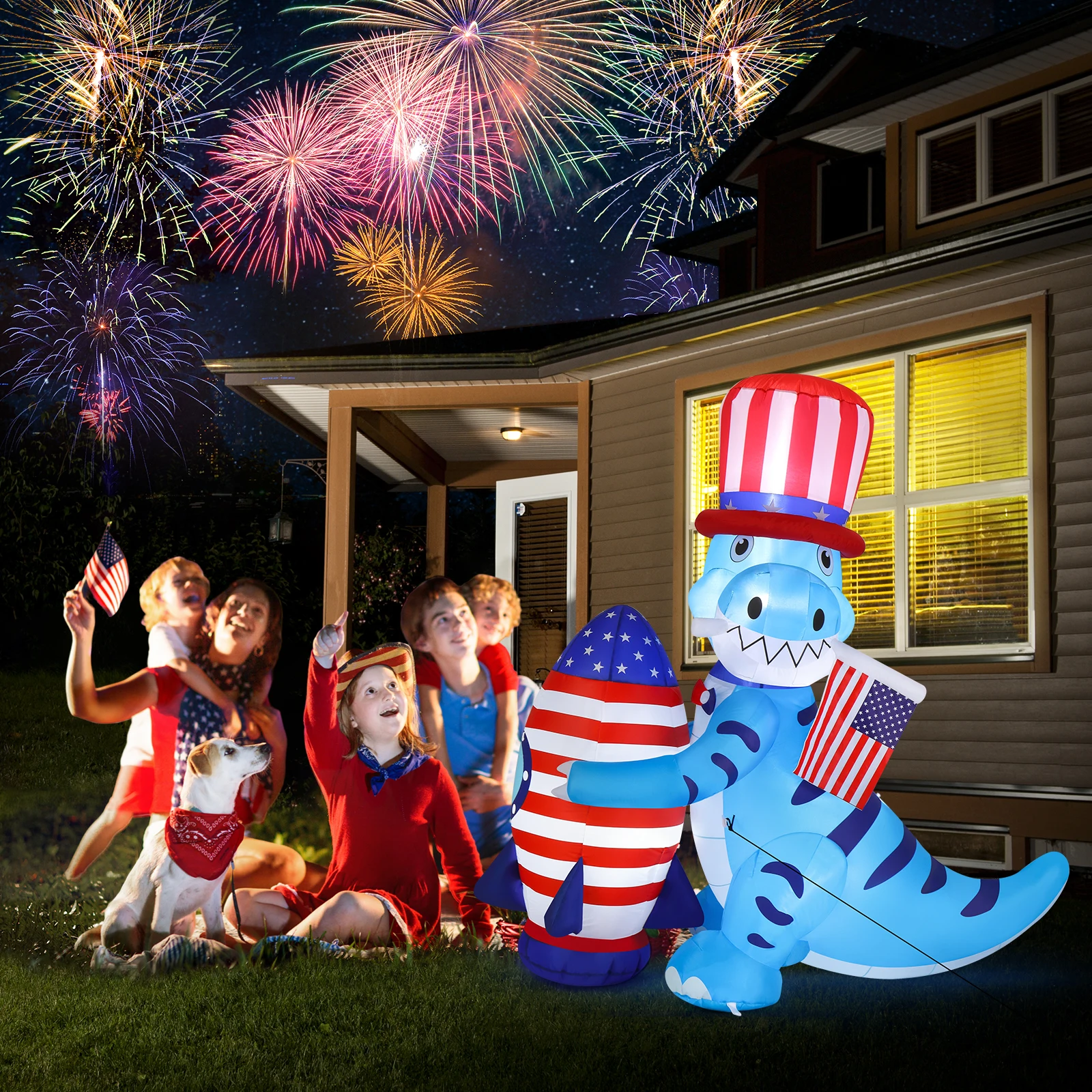 5ft Dinosaur Holding Rocket Independence Day Blow Up Lighted Decoration With 4Led Light