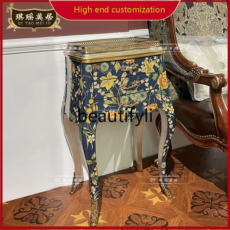 

A32 Французский Ретро Ручная Роспись Шкаф с Тремя Ящиками Чистая Медь Резной Декоративный Шкаф Гостиная Угловой Шкаф Из Массива Дерева