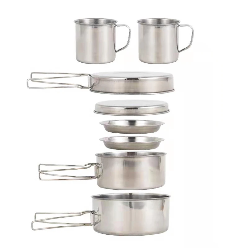 8-teiliges Camping-Kochgeschirr-Set aus Edelstahl mit Töpfen, Pfannen, Tellern und Bechern für Outdoor, Wandern und Rucksackreisen – Detail 5