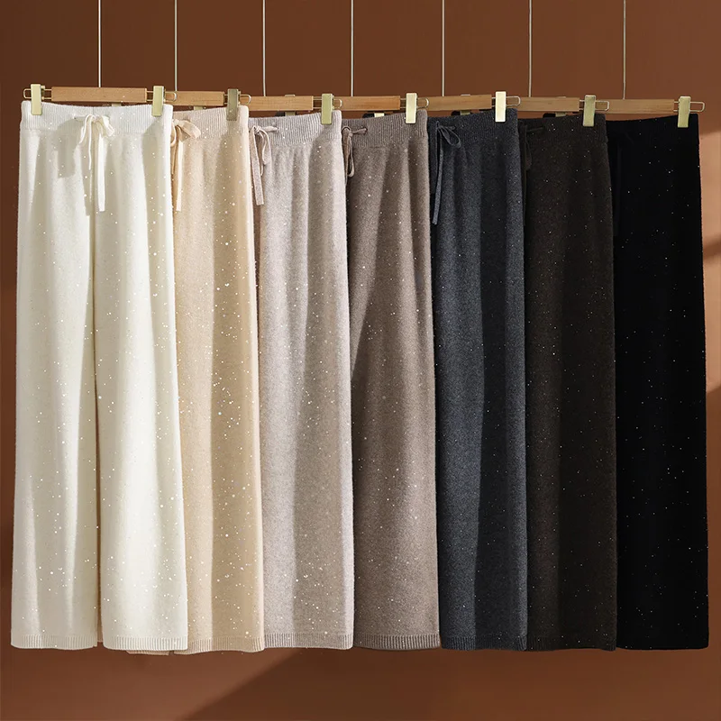 Women Wool Pants Basic Casual Wide Leg Pants Autumn Winter 100% Merino Wool Knitwear Soft Korean Popular Sequins Trousers