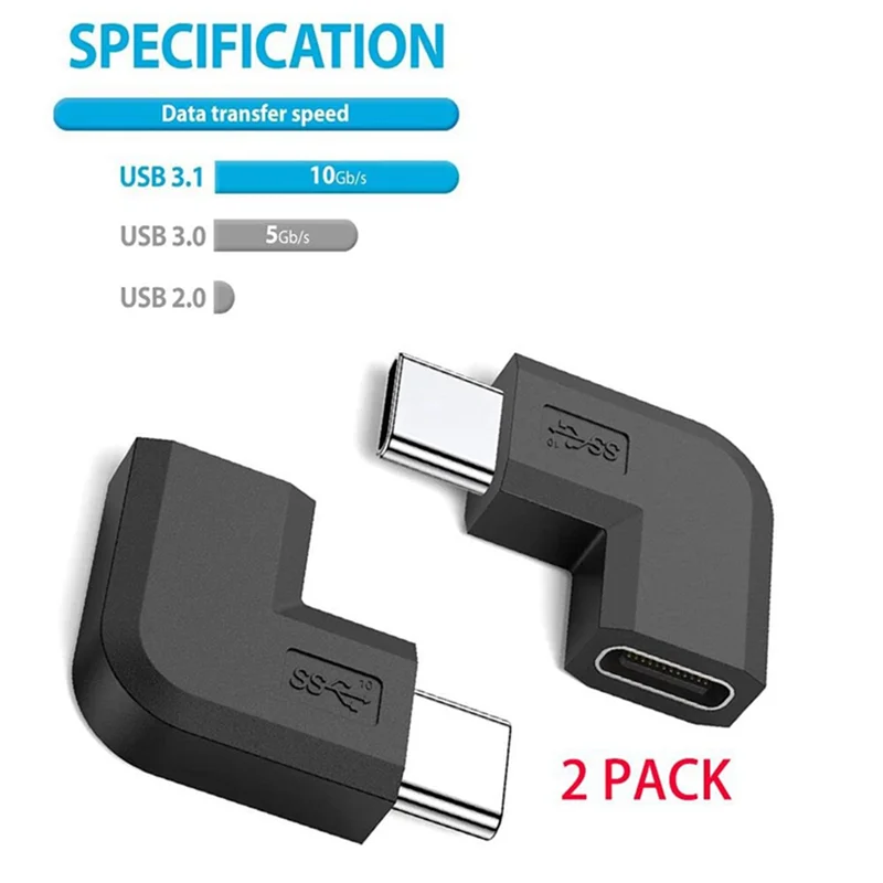 2Pcs/Set 90 Degree Right Angle USB 3.1 Type C Male to Female Converter USB-C Adapter for Smart Phone Portable Connector