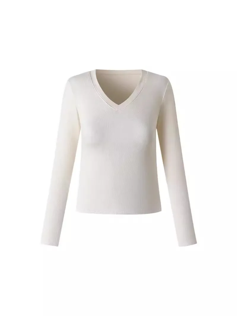 Essential V-Ausschnitt Damen Slim Fit Top Einfarbig Langarm Unterziehshirt Dehnbar Gemütlich Vielseitig Herbst Winter T-Shirt – Detail 1