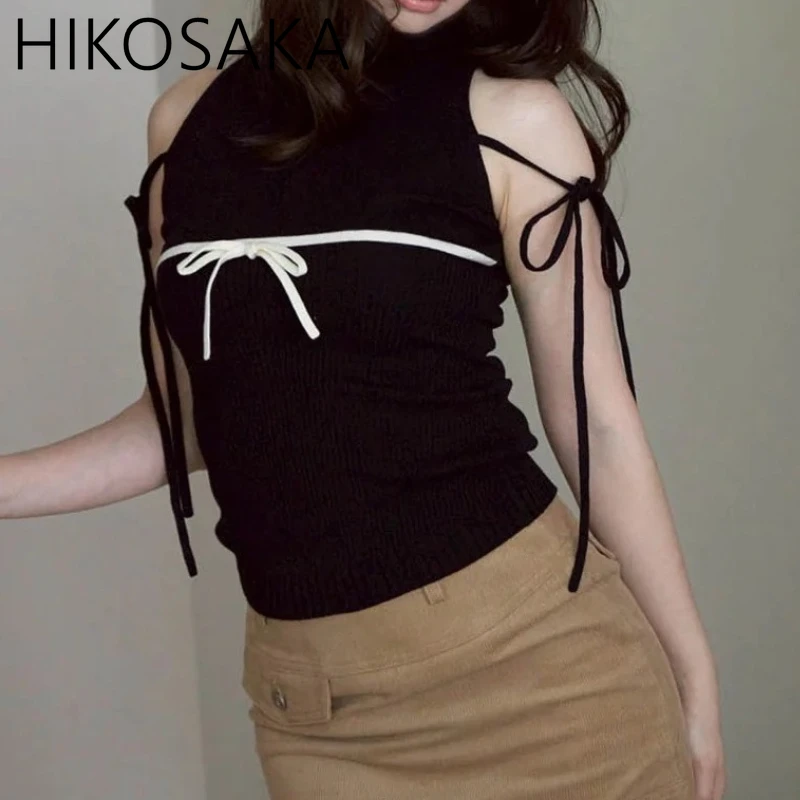 

Japanese Elegant Turtleneck Sleeveless Knit Tank Top Bow Sweet Slim Fit Pullovers Casual Solid All-match Commuter Sweaters