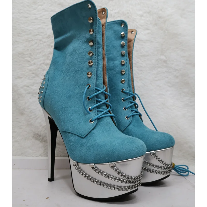 

Blue Chain Lace Up Platform Boots Thin High Heel Round Toe Fashion Cool Sexy 2026 Winter Big Size Woman Shoes Zapatillas Mujer