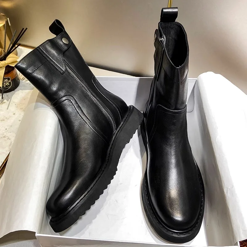 

New Fashion Men Chelsea Boots Genuine Leather Luxury Outdoor Knight Shoes Mid Calf Street Motorcycle Boots Work Shoes