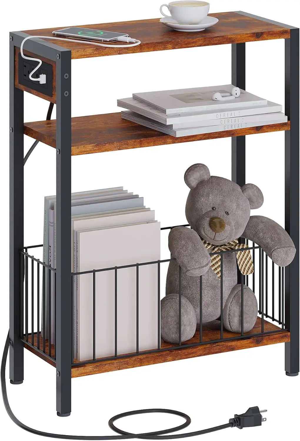 

Узкий приставной столик с зарядной станцией, тонкая тумбочка для небольших помещений, коричневый в деревенском стиле